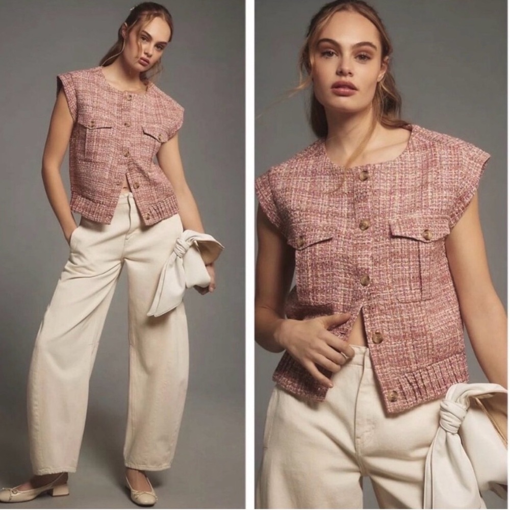 NWT Maeve Extended Shoulder Button-Front Tweed Vest in Pink/Rose Size S